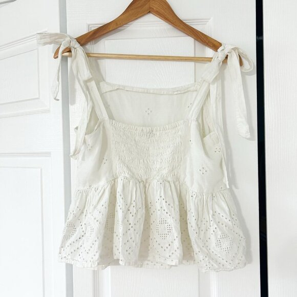 Madewell Rosalie White Tie-Strap Geometric Eyelet Peplum Top Women’s Large - Picture 5 of 8